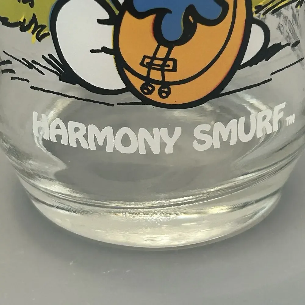 Smurf Clumsy and Harmony Collector Glass/Tumbler 1983 Peyo Vintage 6” Lot of 2